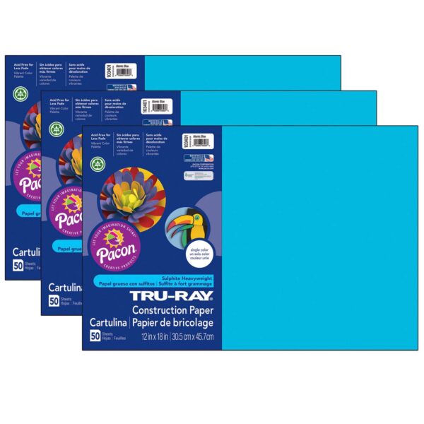 Construction Paper, Heavyweight, Atomic Blue, 12" x 18", 50 Sheets Per Pack, 3 Packs