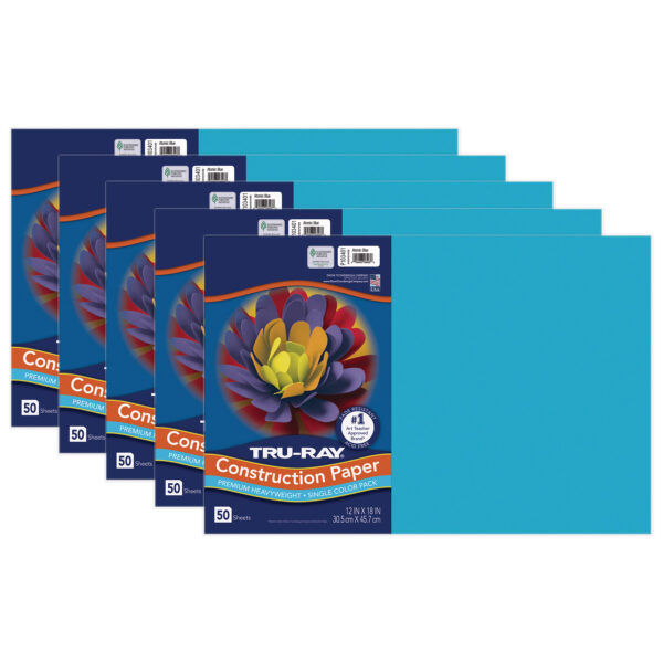 Construction Paper, Heavyweight, Atomic Blue, 12" x 18", 50 Sheets Per Pack, 5 Packs