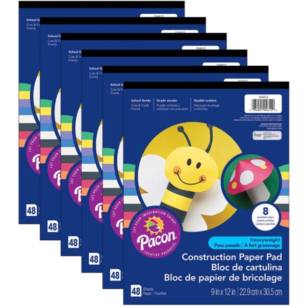 Construction Paper Pad, Medium Weight, 8 Assorted Colors, 9" x 12", 48 Sheets, Pack of 12