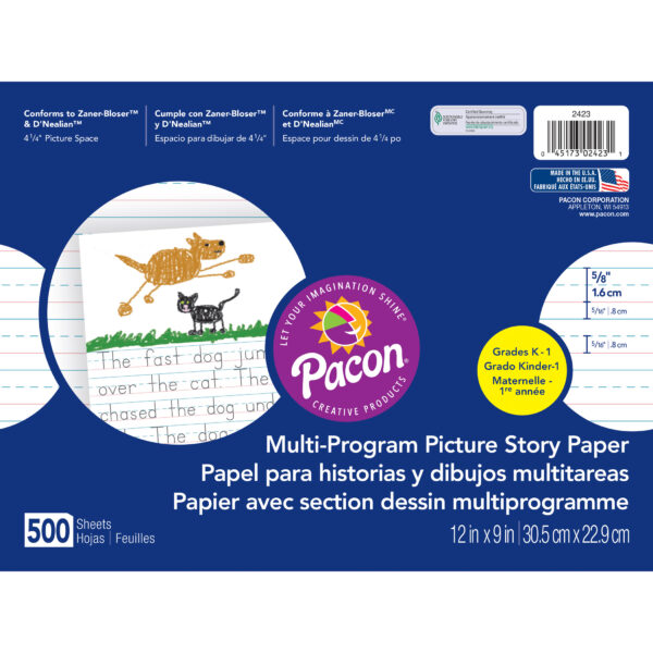 Multi-Program Picture Story Paper, 5-8" Ruled, White, 12" x 9", 500 Sheets