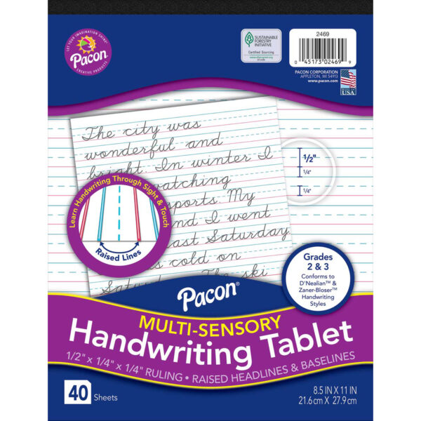 Multi-Sensory Raised Ruled Tablet, Tape-Bound Tablet, 1-2" x 1-4" x 1-4" Ruled Short, 8-1-2" x 11", 40 Sheets, Pack of 3