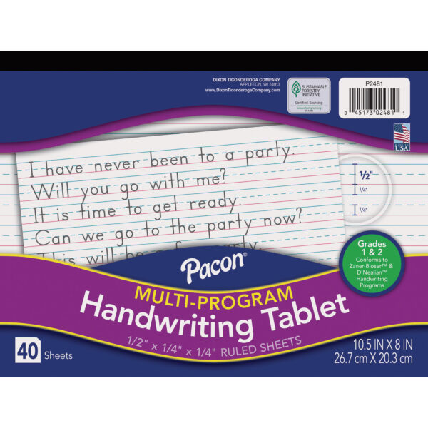 Multi-Program Handwriting Tablet, D'Nealian-Zaner-Bloser, 1-2" x 1-4" x 1-4" Ruled Long, 10-1-2" x 8", 40 Sheets, Pack of 12