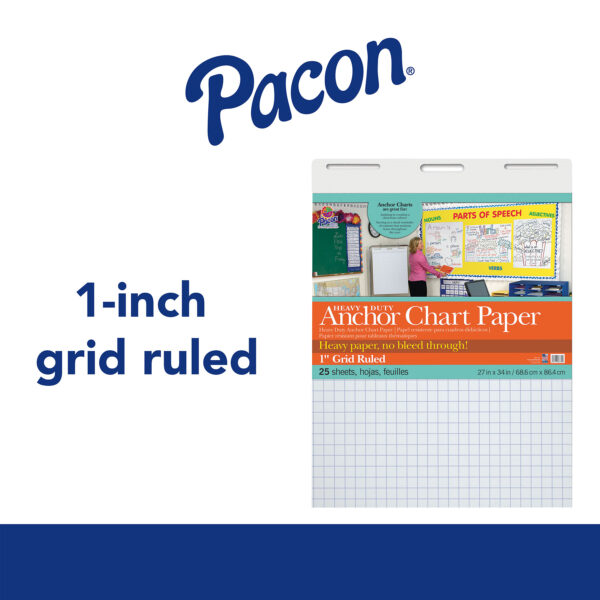Heavy Duty Anchor Chart Paper, Non-Adhesive, White, 1" Grid Ruled 27" x 34", 25 Sheets