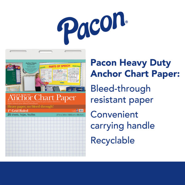 Heavy Duty Anchor Chart Paper, Non-Adhesive, White, 1" Grid Ruled 27" x 34", 25 Sheets