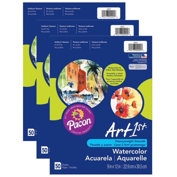 CV4925_r041415 Watercolor Paper, White, 90lb., 9" x 12", 50 Sheets Per Pack, 3 Packs