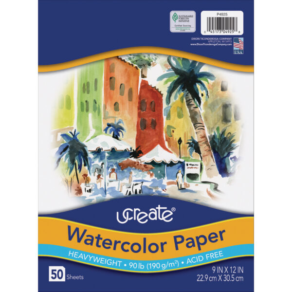 400128053 (P4925) UCreate_Watercolor Paper_9x12_50ct (2.1) Watercolor Paper, White, 90lb., 9" x 12", 50 Sheets Per Pack, 3 Packs