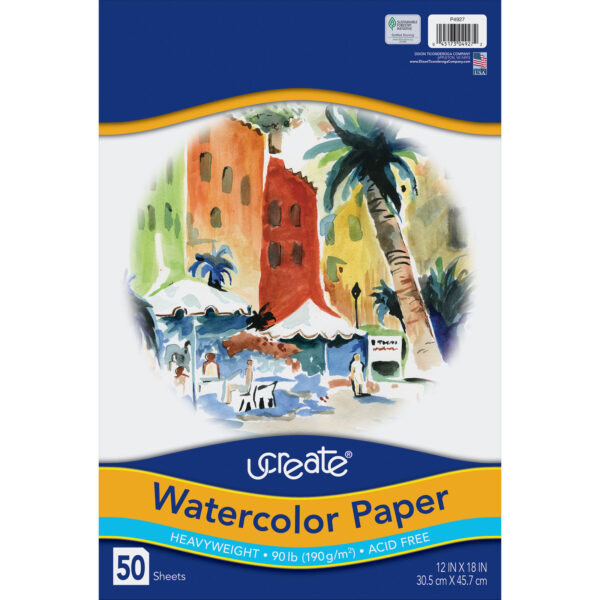 400127890 (P4927) Watercolor Paper,12x18, 50ct (2.1) Watercolor Paper, White, 90lb., 12" x 18", 50 Sheets