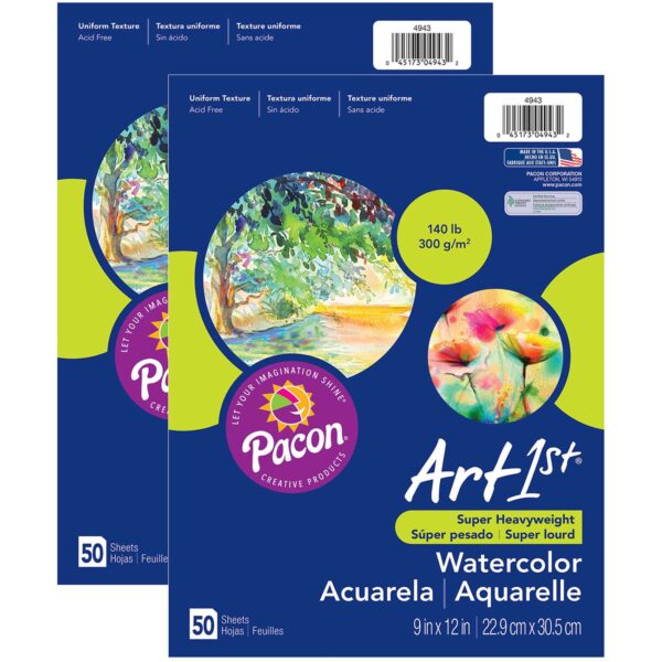ERSPAC4943-2.jpg Watercolor Paper, White, Package, 140 lb., 9" x 12", 50 Sheets Per Pack, 2 Packs