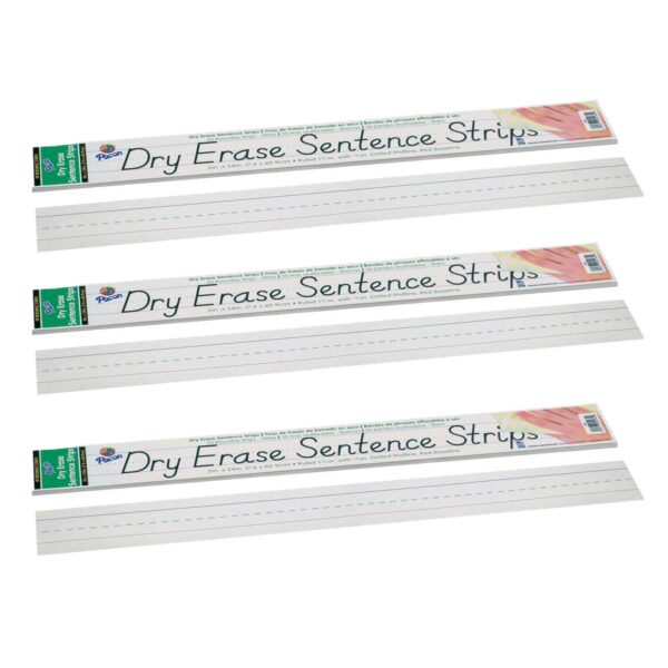 ERSPAC5185-3.jpg Dry Erase Sentence Strips, White, 1-1-2" X 3-4" Ruled, 3" x 24", 30 Per Pack, 3 Packs