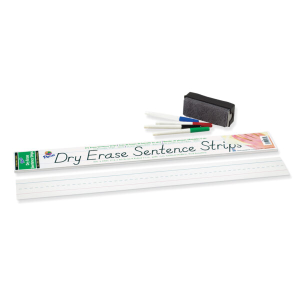 ERSPAC5185-3_1.jpg Dry Erase Sentence Strips, White, 1-1-2" X 3-4" Ruled, 3" x 24", 30 Per Pack, 3 Packs