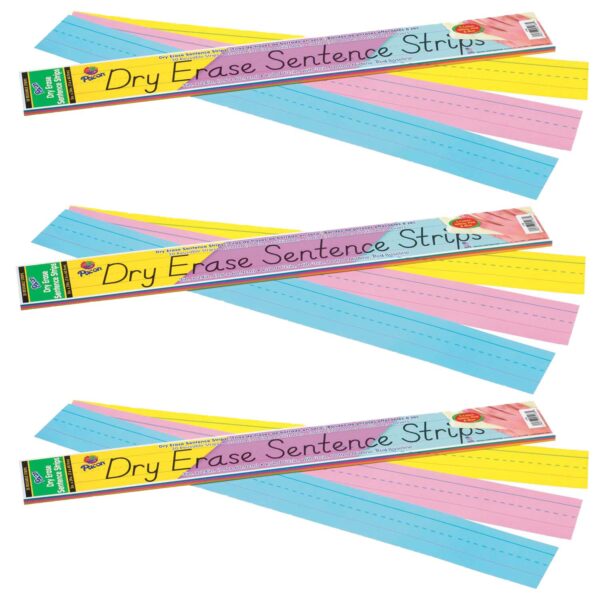 ERSPAC5186-3.jpg Dry Erase Sentence Strips, 3 Assorted Colors, 1-1-2" X 3-4" Ruled, 3" x 24", 30 Per Pack, 3 Packs