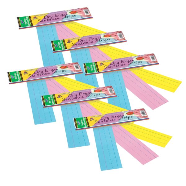 ERSPAC5188-6.jpg Dry Erase Sentence Strips, 3 Assorted Colors, 1-1-2" X 3-4" Ruled, 3" x 12", 30 Per Pack, 6 Packs
