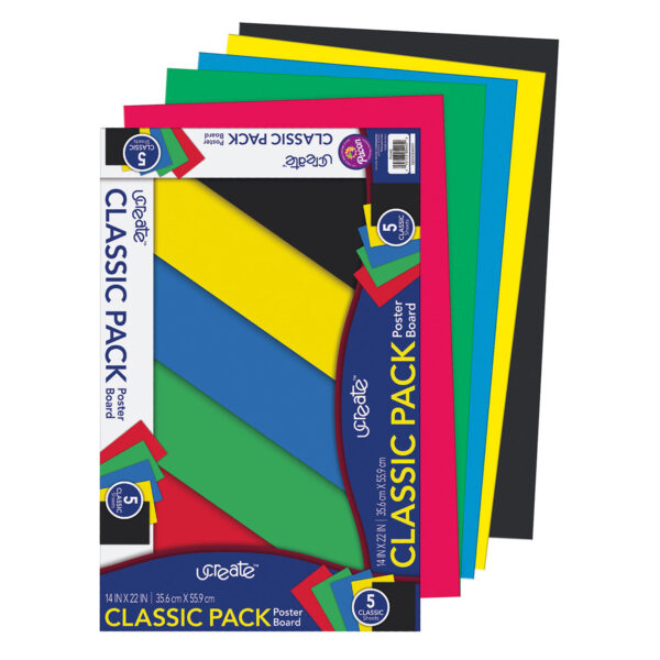 Poster Board, 5 Assorted Primary Colors, 14" x 22", 5 Sheets Per Pack, 6 Packs