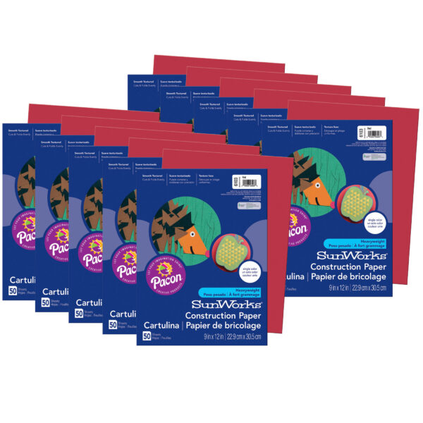 Construction Paper, Medium Weight, Red, 9" x 12", 50 Sheets Per Pack, 10 Packs