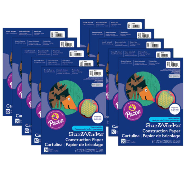 Construction Paper, Medium Weight, Black, 9" x 12", 50 Sheets Per Pack, 10 Packs