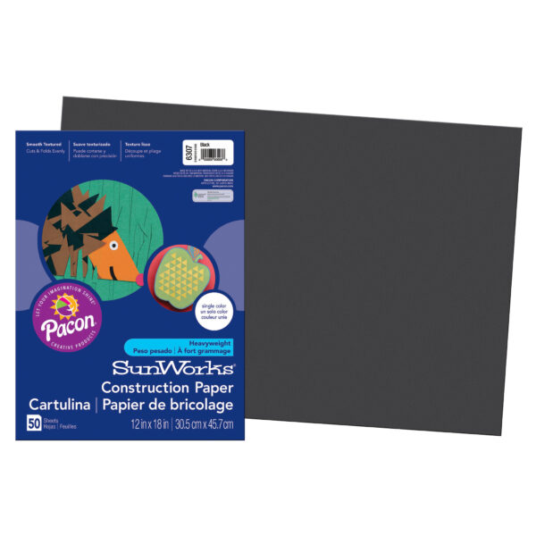 Construction Paper, Medium Weight, Black, 12" x 18", 50 Sheets Per Pack, 5 Packs