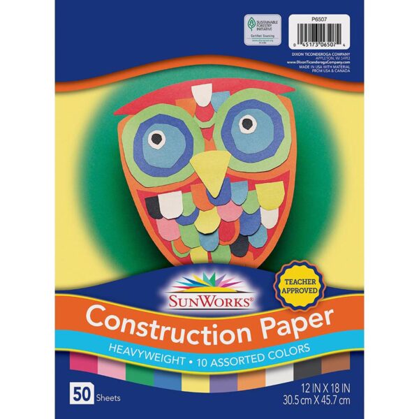 Construction Paper Assorted, 10 Assorted Colors, 12" x 18", 50 Sheets Per Pack, 5 Packs