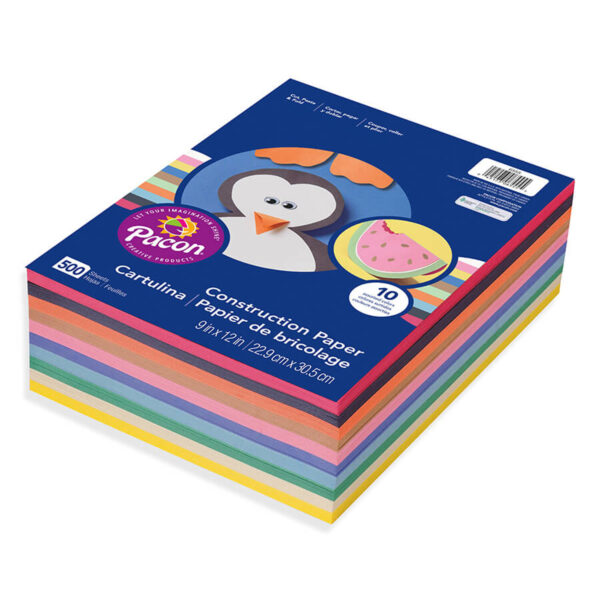 Construction Paper, Standard Weight, 10 Assorted Colors, 9" x 12", 500 Sheets