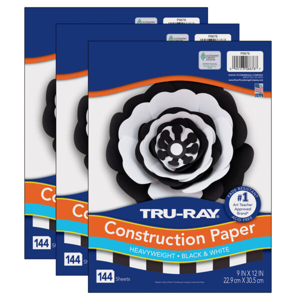 Premium Construction Paper, Heavyweight, Black & White, 9" x 12", 144 Sheets Per Pack, 3 Packs
