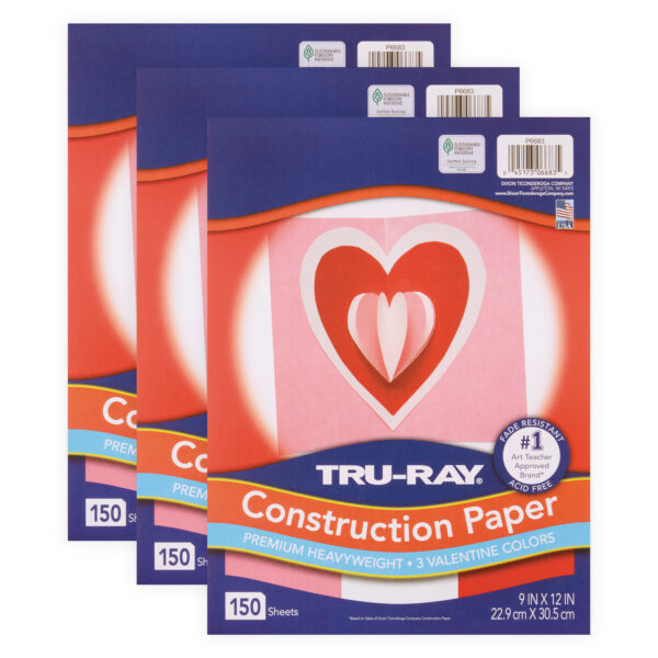 Construction Paper, Heavyweight, Valentine Assortment, 9" x 12", 150 Sheets Per Pack, 3 Packs