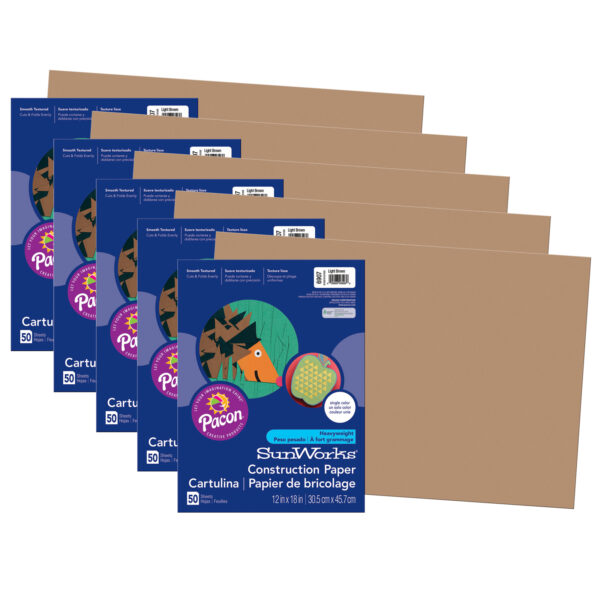 Construction Paper, Medium Weight, Light Brown, 12" x 18", 50 Sheets Per Pack, 5 Packs