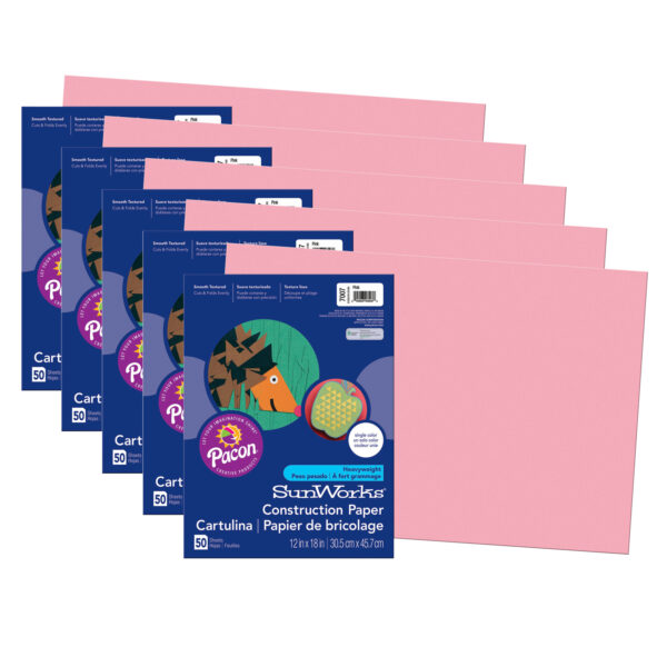 Construction Paper, Medium Weight, Pink, 12" x 18", 50 Sheets Per Pack, 5 Packs