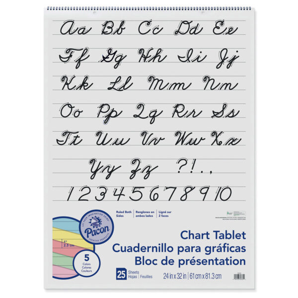 Colored Paper Chart Tablet, Cursive Cover, Asst, 1" Ruled. 24" x 32", 25 Sheets