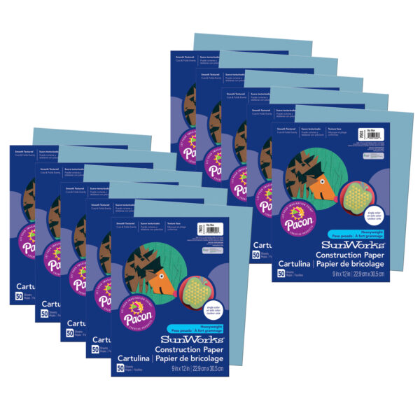 Construction Paper, Medium Weight, Sky Blue, 9" x 12", 50 Sheets Per Pack, 10 Packs