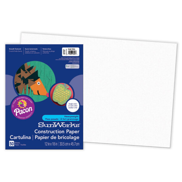 Construction Paper, Medium Weight, Bright White, 12" x 18", 50 Sheets Per Pack, 5 Packs
