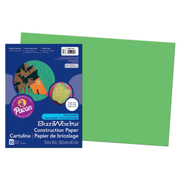 Construction Paper, Medium Weight, Bright Green, 12" x 18", 50 Sheets Per Pack, 5 Packs