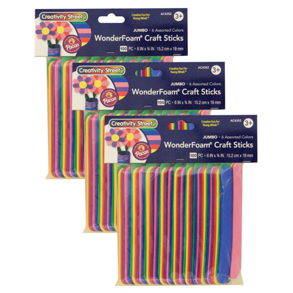 WonderFoam Jumbo Craft Sticks, Assorted Colors, 6" x 3-4", 100 Per Pack, 3 Packs