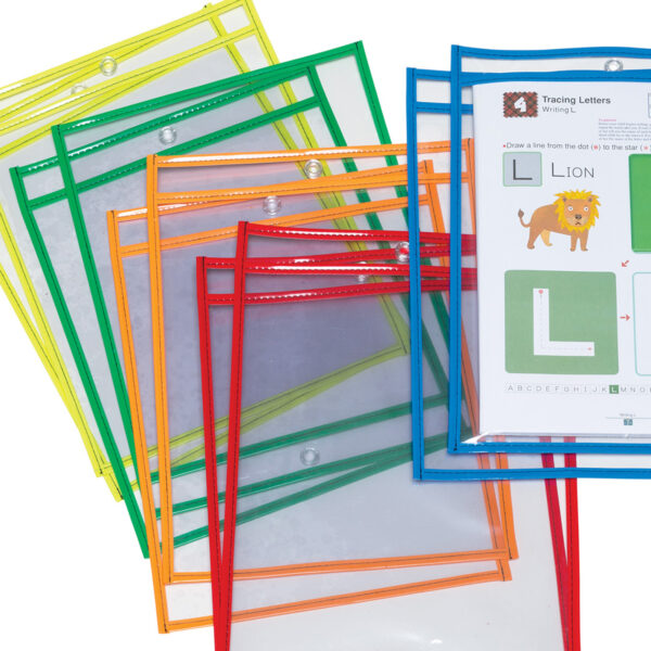 Dry Erase Pockets, 5 Assorted Bright Colors, 10" x 13-1-2", 10 Pockets