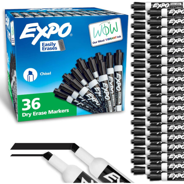 Low Odor Dry Erase Markers, Chisel Tip, Black, 36 Count