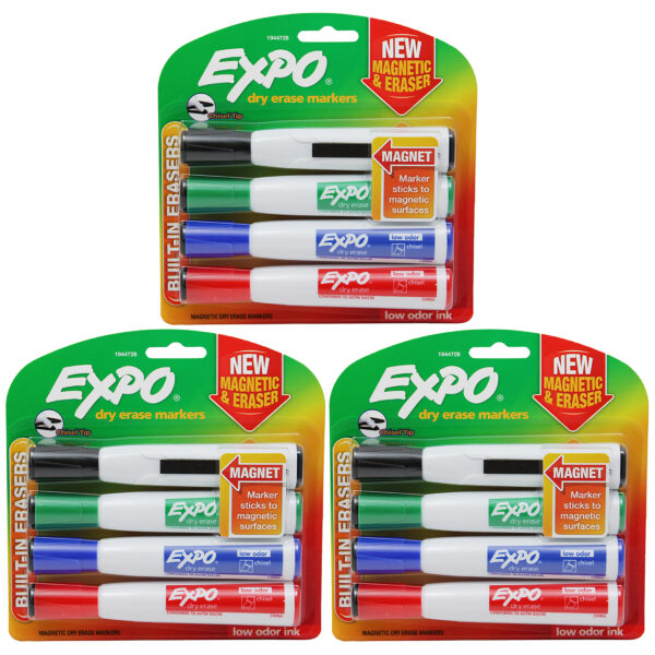 ERSSAN1944728-3.jpg Magnetic Dry Erase Markers with Eraser, Chisel Tip, Assorted, 4 Per Pack, 3 Packs
