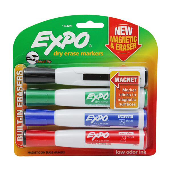 ERSSAN1944728-3_1.jpg Magnetic Dry Erase Markers with Eraser, Chisel Tip, Assorted, 4 Per Pack, 3 Packs