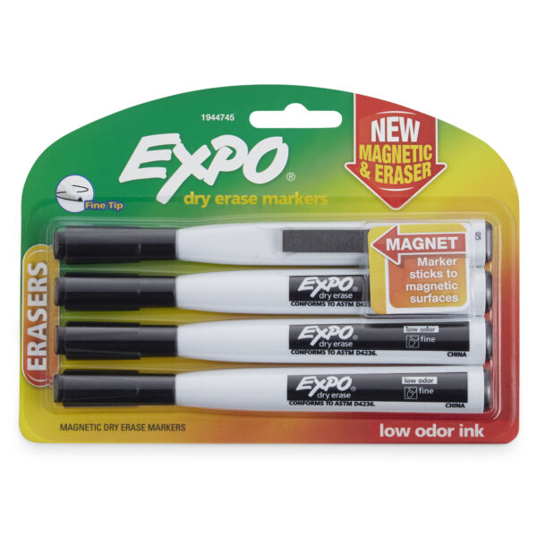 ERSSAN1944745-3_1.jpg Magnetic Dry Erase Markers with Eraser, Fine Tip, Black, 4 Per Pack, 3 Packs
