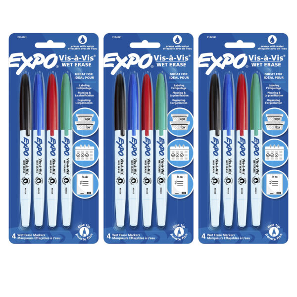 ERSSAN2134341-3.jpg Vis-à-Vis Wet Erase Marker Set, Fine Tip, 4 Colors Per Pack, 3 Packs