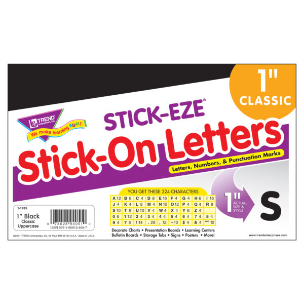ERST-1785-6_2.jpg Black 1" STICK-EZE Stick-On Letters, 324 Pieces Per Pack, 6 Packs