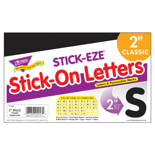 Black 2" STICK-EZE Stick-On Letters, 107 Pieces Per Pack, 6 Packs