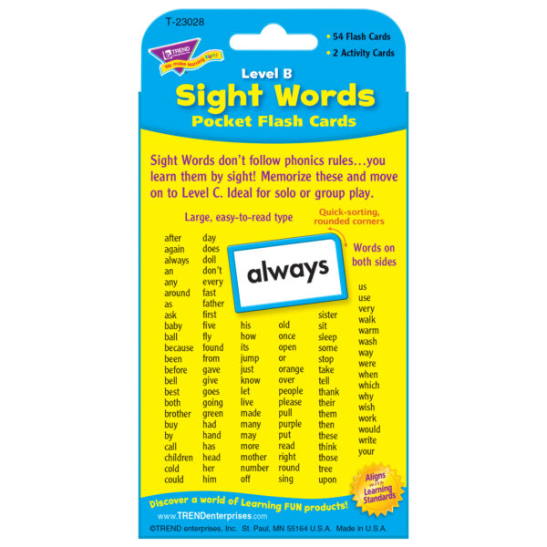 Sight Words  Level B Pocket Flash Cards, 6 Packs