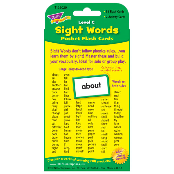 Sight Words  Level C Pocket Flash Cards, 6 Packs
