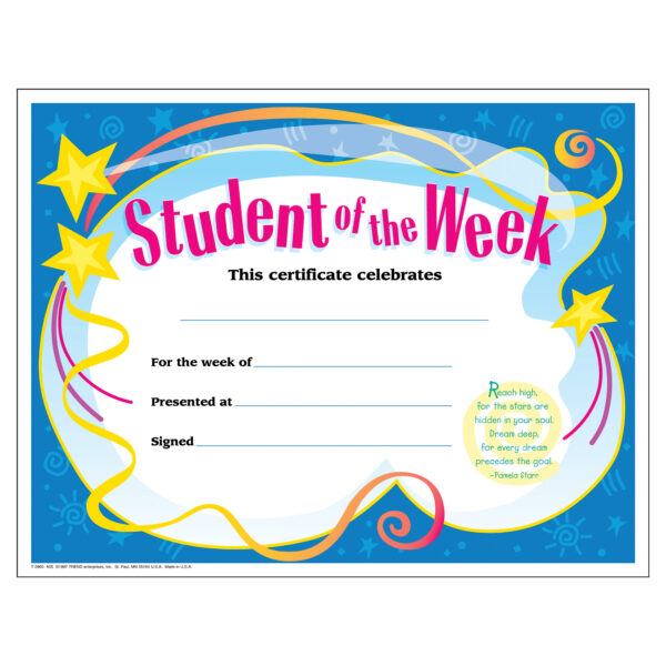 Student of The Week Colorful Classics Certificates, 30 Per Pack, 6 Packs