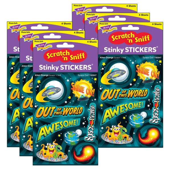 Space Out!-Alien Orange Mixed Shapes Stinky Stickers, 32 Per Pack, 6 Packs