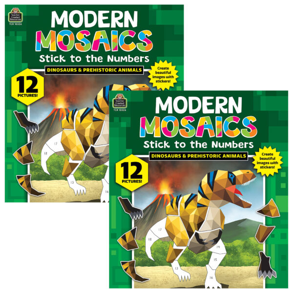 ERSTCR10326-2.jpg Dinosaurs Modern Mosaics Stick to the Numbers Activity Book, Pack of 2