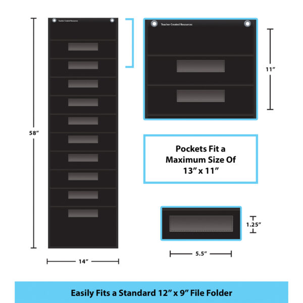 File Storage Pocket Chart, 10 Pockets, Black, 14" x 58"