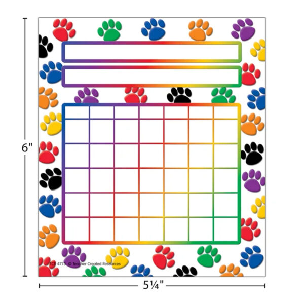 Colorful Paw Prints Incentive Charts, 5.25" x 6", 36 Sheets Per Pack, 6 Packs