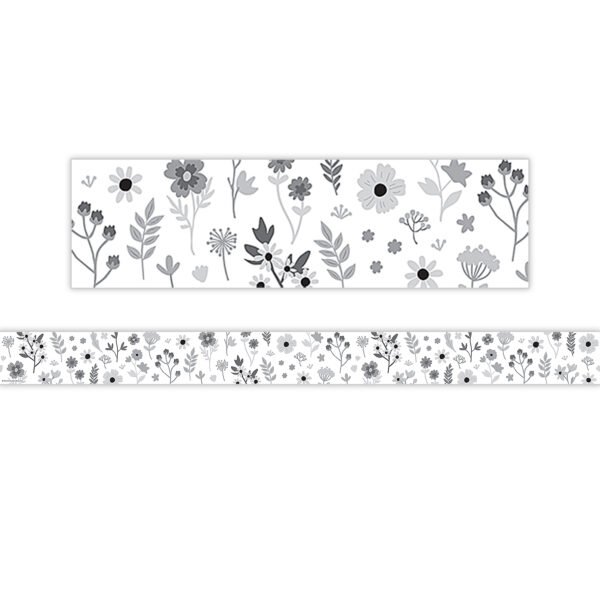 Black and White Floral Straight Border Trim, 35 Feet Per Pack, 6 Packs