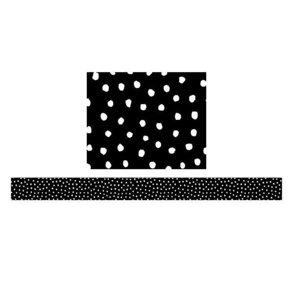 White Painted Dots on Black Straight Border Trim, 35 Feet Per Pack, 6 Packs
